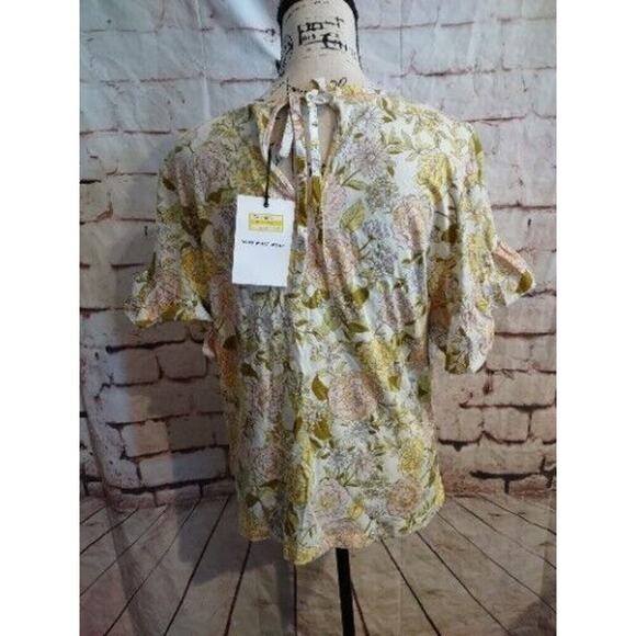 Short Sleeve Ruffle Sleeve Top Womens Large Yellow Pink Summer Muted Floral NEW - Picture 5 of 7